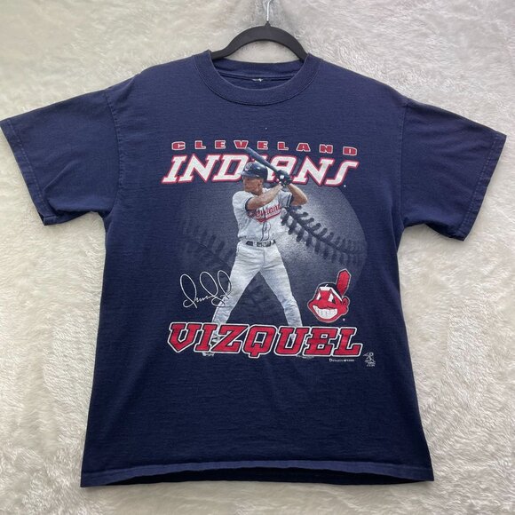 Vintage Cleveland Indians Graphic Tee Mens Medium Omar Vizquel Chief Wahoo - Picture 1 of 5